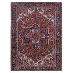 8'9"x12'3" Antique Persian Heriz Scarlet Red Pure Wool Hand Knotted 1920s Rug