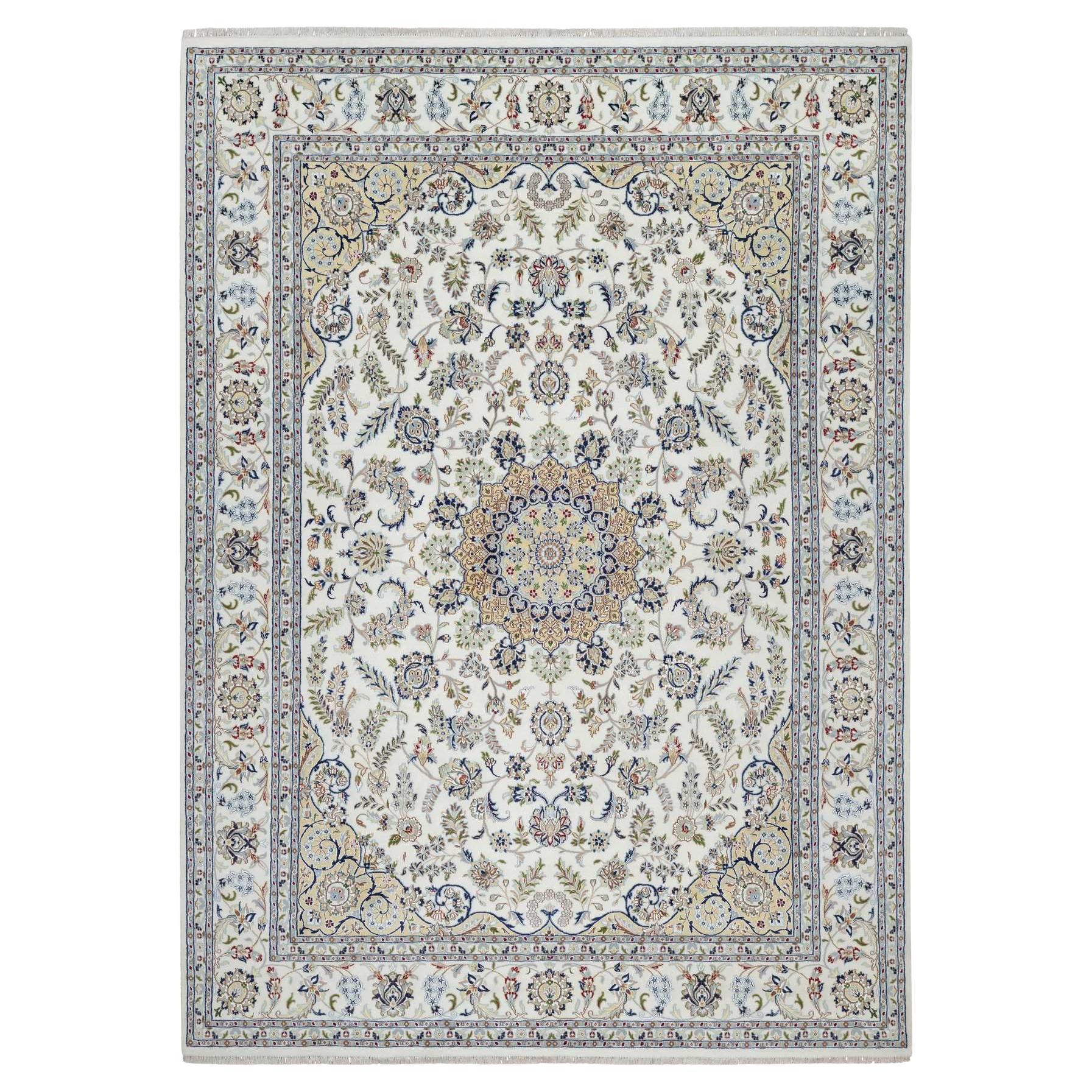 8
9 "x12
3" Avorio annodato a mano Nain con motivo a medaglioni floreali 250 Knots Rugs