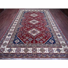 8'9"x12'6" Ruby Red Afghan Super Kazak Medallions Design Hand Knotted Wool Rug