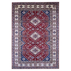 8'9"x12'6" Ruby Red Afghan Super Kazak Medallions Design Hand Knotted Wool Rug