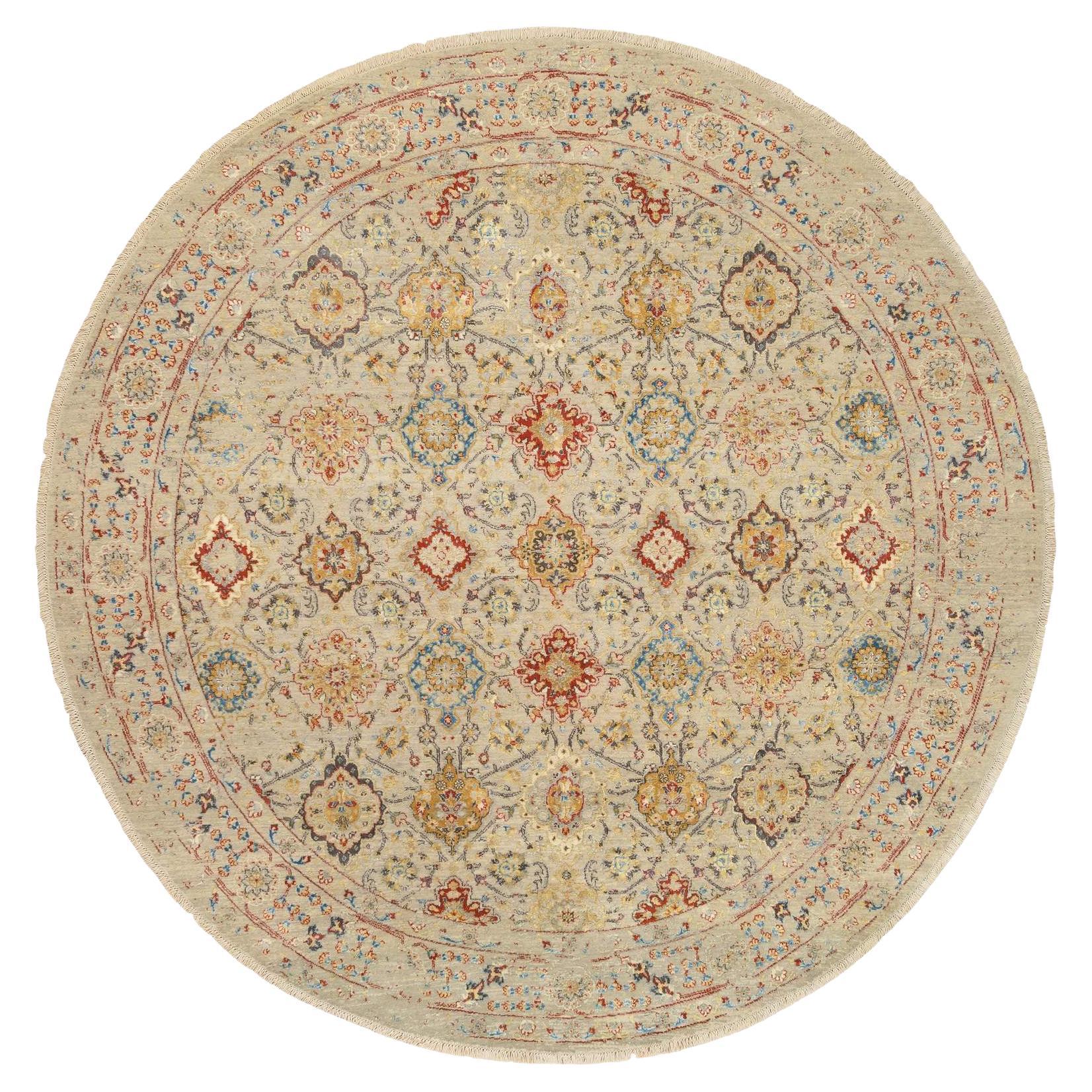 8'9"x8'9" Beige, Wolle und reine Seide, handgeknüpft, orientalisch, rund, Teppich