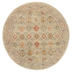 8'9"x8'9" Beige, Wool and Pure Silk, Hand Knotted, Oriental, Round, Rug