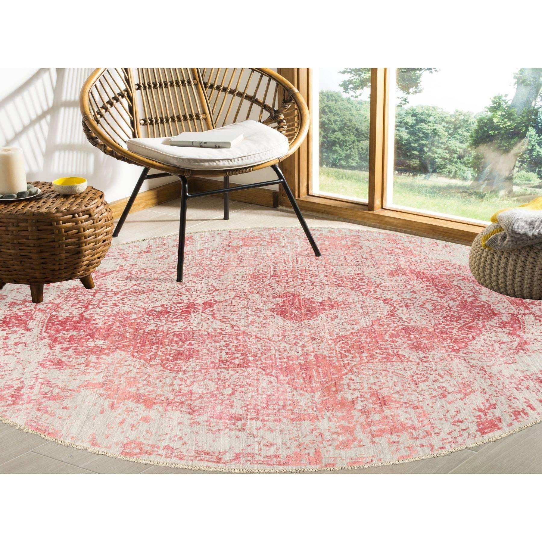 Ivory with Touches of Pink Wool and Pure Silk Hand Knotted Broken Persian Design Oriental Round Rug
Primary materials: Wool & Silk
Latex: No Pile 
height: 0.25 Inches
Style: Transitional
Primary color: Pink
Secondary colors: Red, Brown,