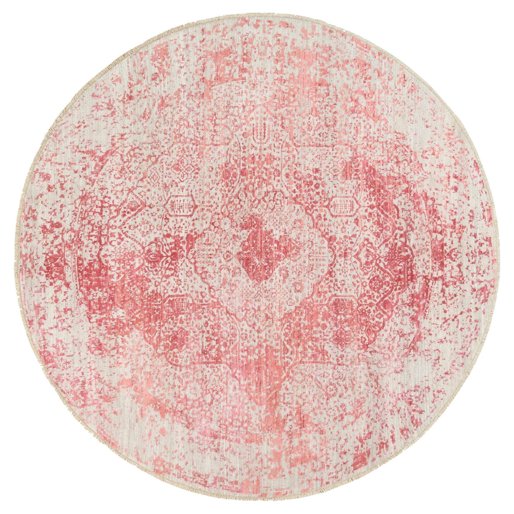 8'9"x8'9" Ivory Wool and Pure Silk Hand Knotted Broken Persian Design Round Rug For Sale