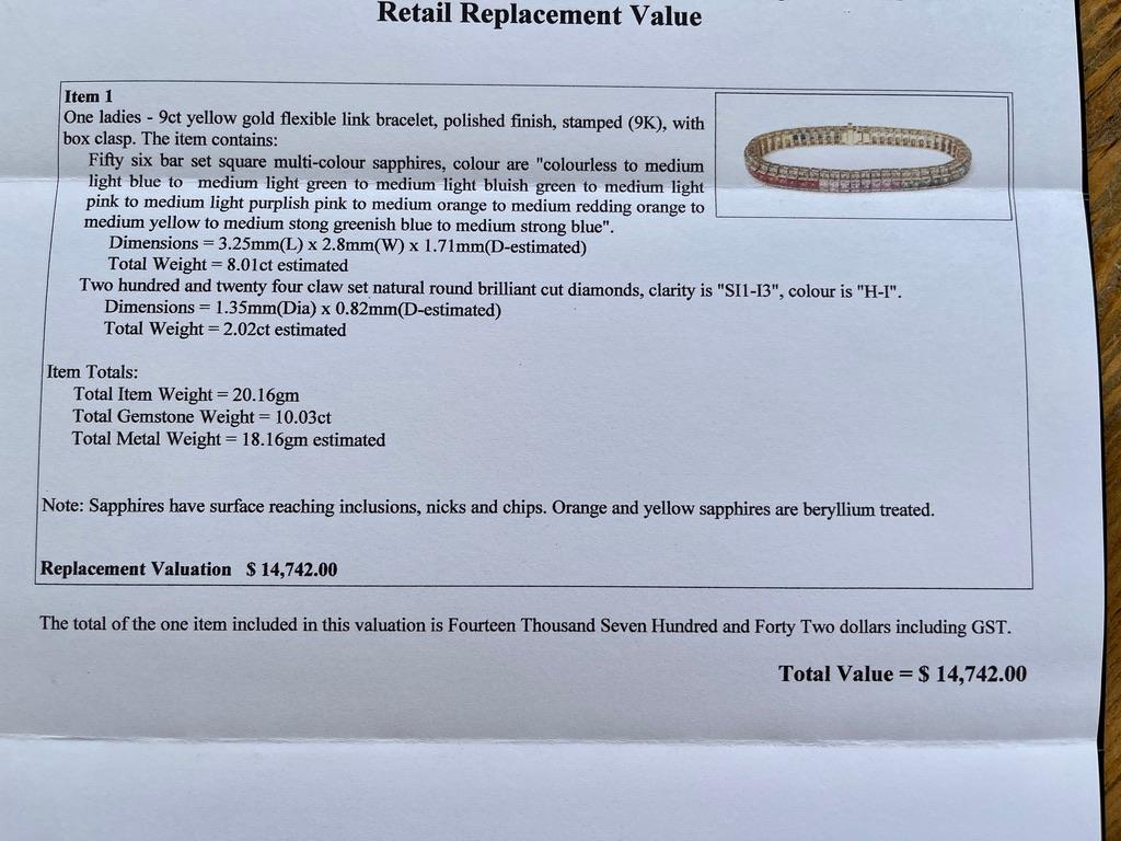 Princess Cut 8ct Carat Natural Coloured Sapphire Diamond Tennis Bracelet 9ct Yellow Gold For Sale