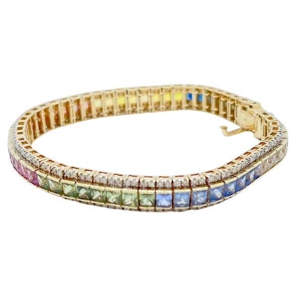 8ct Carat Natural Coloured Sapphire Diamond Tennis Bracelet 9ct Yellow Gold