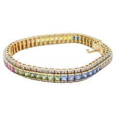 Bracelet tennis en or jaune 9 carats avec saphirs de couleur naturelle et diamants de 8 carats