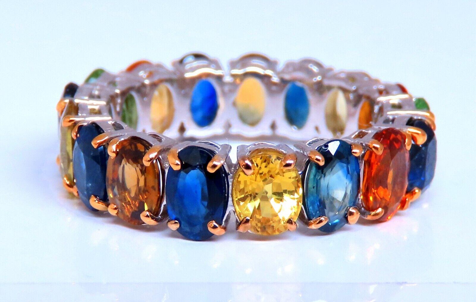
Natural sapphire diamond eternity ring.

8ct total weight of multi color sapphires & 2 green garnet (tsavorite)



 14kt yellow  gold 4.9 grams

Depth of ring 3.3 mm

5.7mm wide ring

Size 7.25 and with may resize