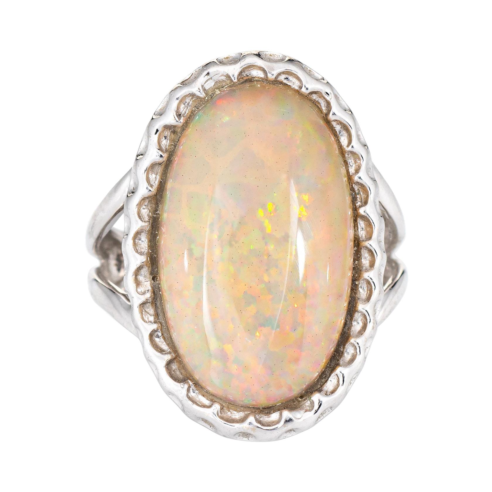 Anello Opale Naturale 8ct Estate 14k Oro Bianco Grande Ovale 6.5 Cocktail Gioielli
