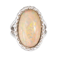 Vintage 8ct Natural Opal Ring Estate 14k White Gold Large Oval 6.5 Cocktail Jewelry