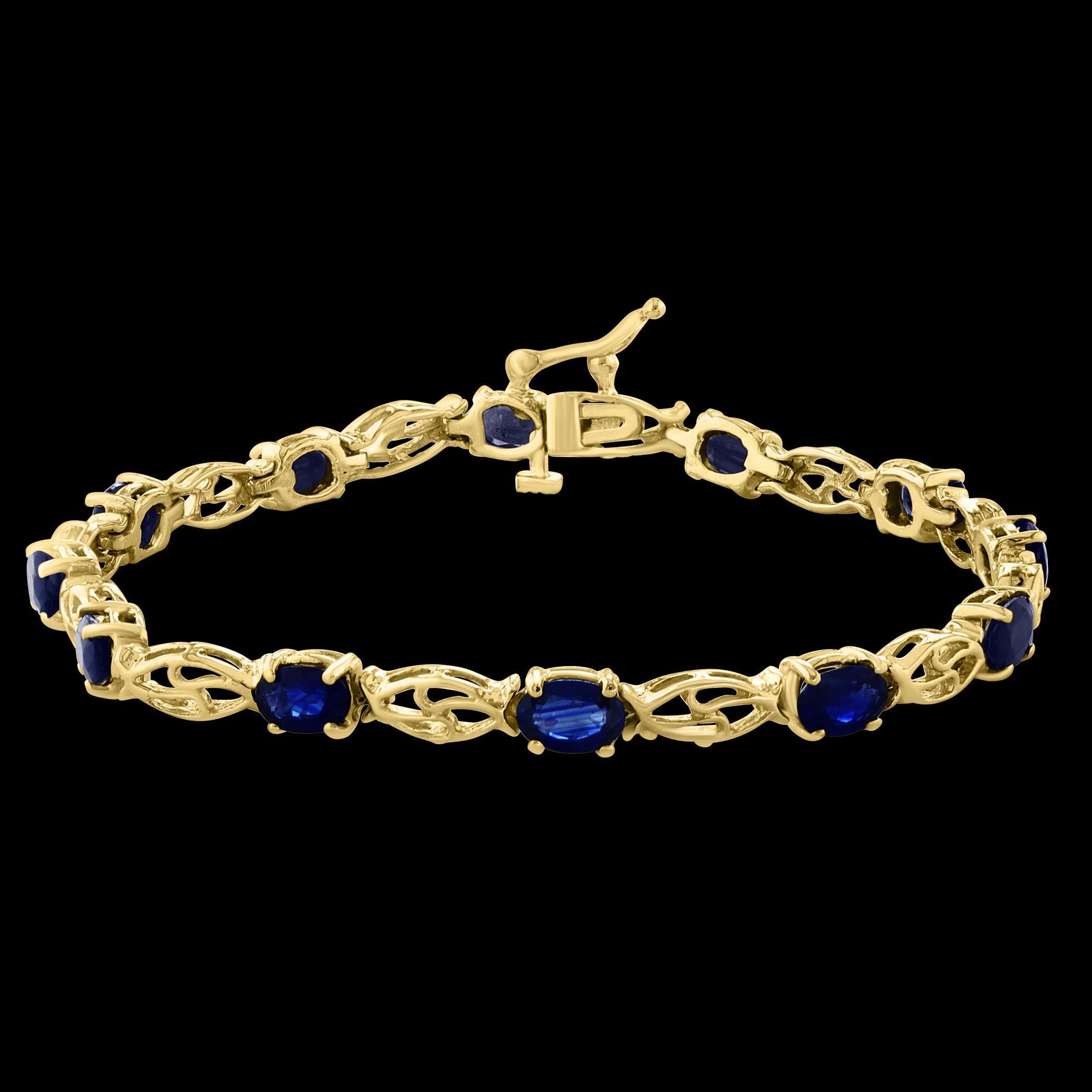 8Ct Natural Oval Blue Sapphire Tennis Bracelet 14 Karat Yellow Gold, 7 Inch Long For Sale 4