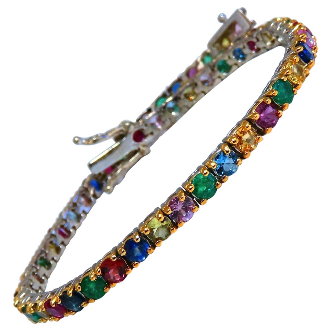 PRIME ART Sterling Silver Yellow Wash Natural Sapphire Ruby And Emerald Tennis Bracelet 4.50 Cts Vintage