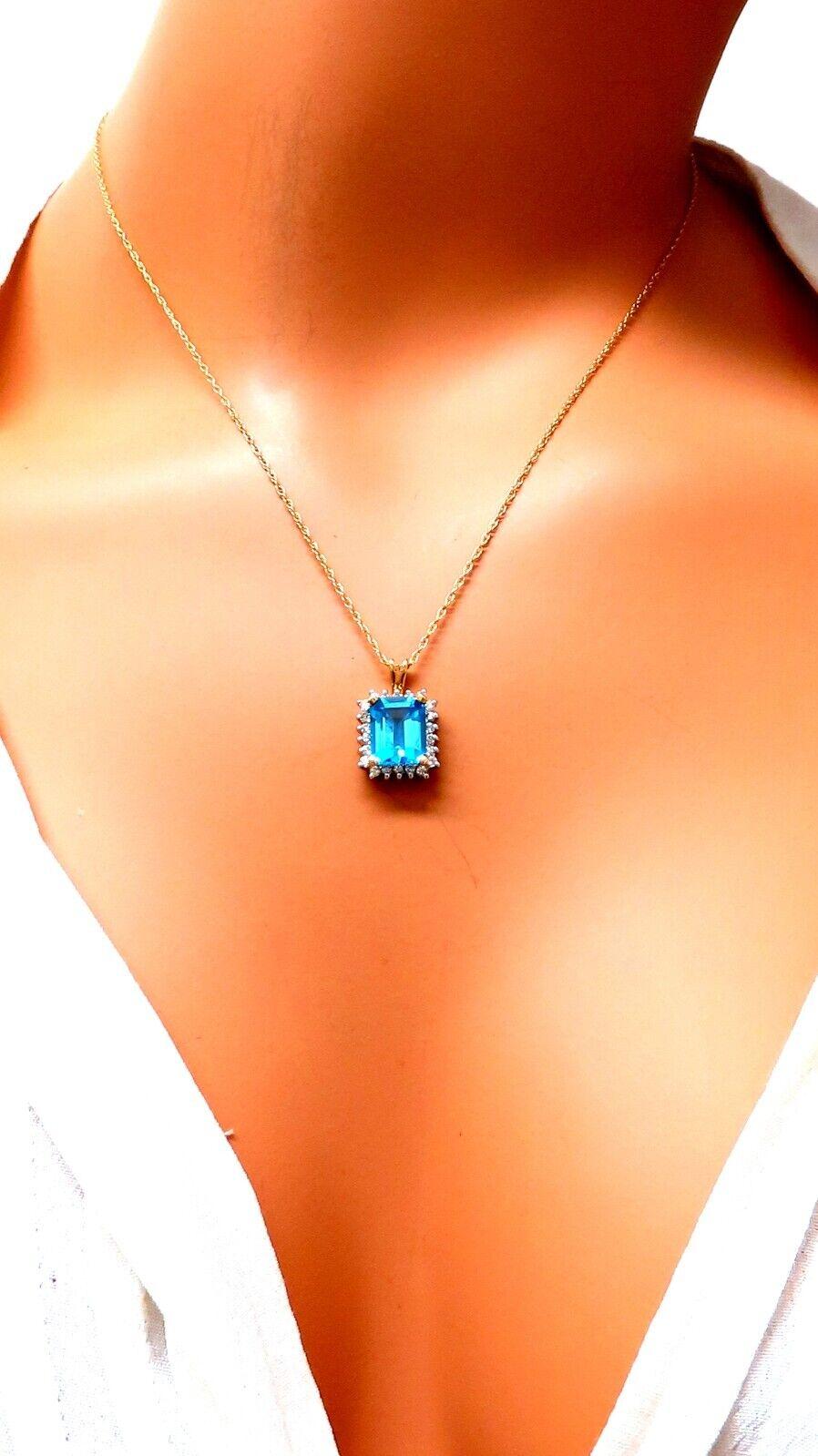 8 Karat natürlicher Schweizer Blautopas Diamanten Halskette 14 Karat Gold (Smaragdschliff)