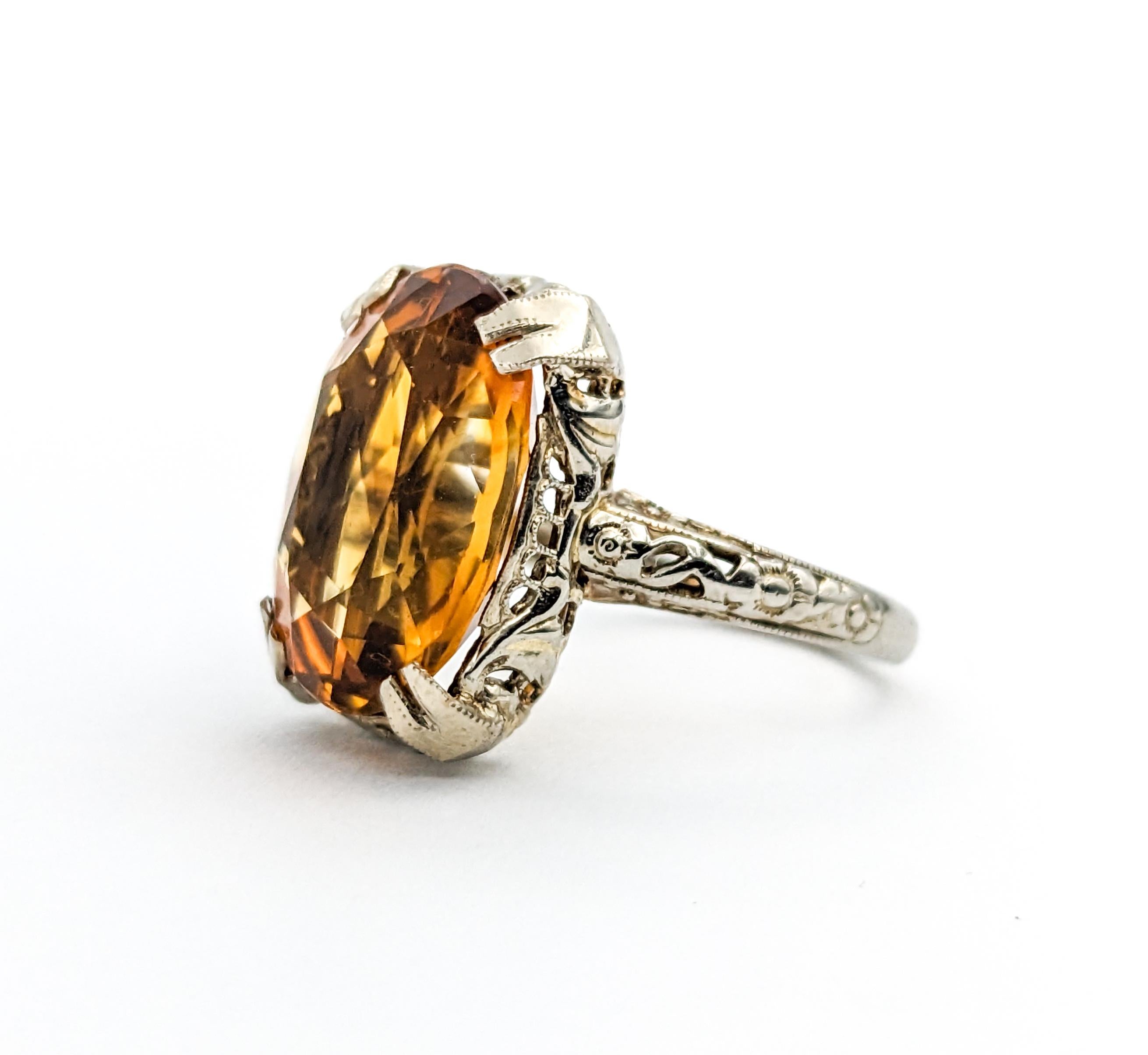 Art Deco 8ct Oval Citrine Filigree Ring In White Gold For Sale