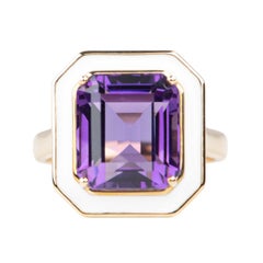 Anillo de oro de 9 quilates de amatista real de 8 ct con halo de esmalte blanco R6670