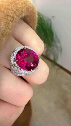 8ct Rubellite Tourmaline Ring 0.58ct Diamond 18K Gold Luxury Statement