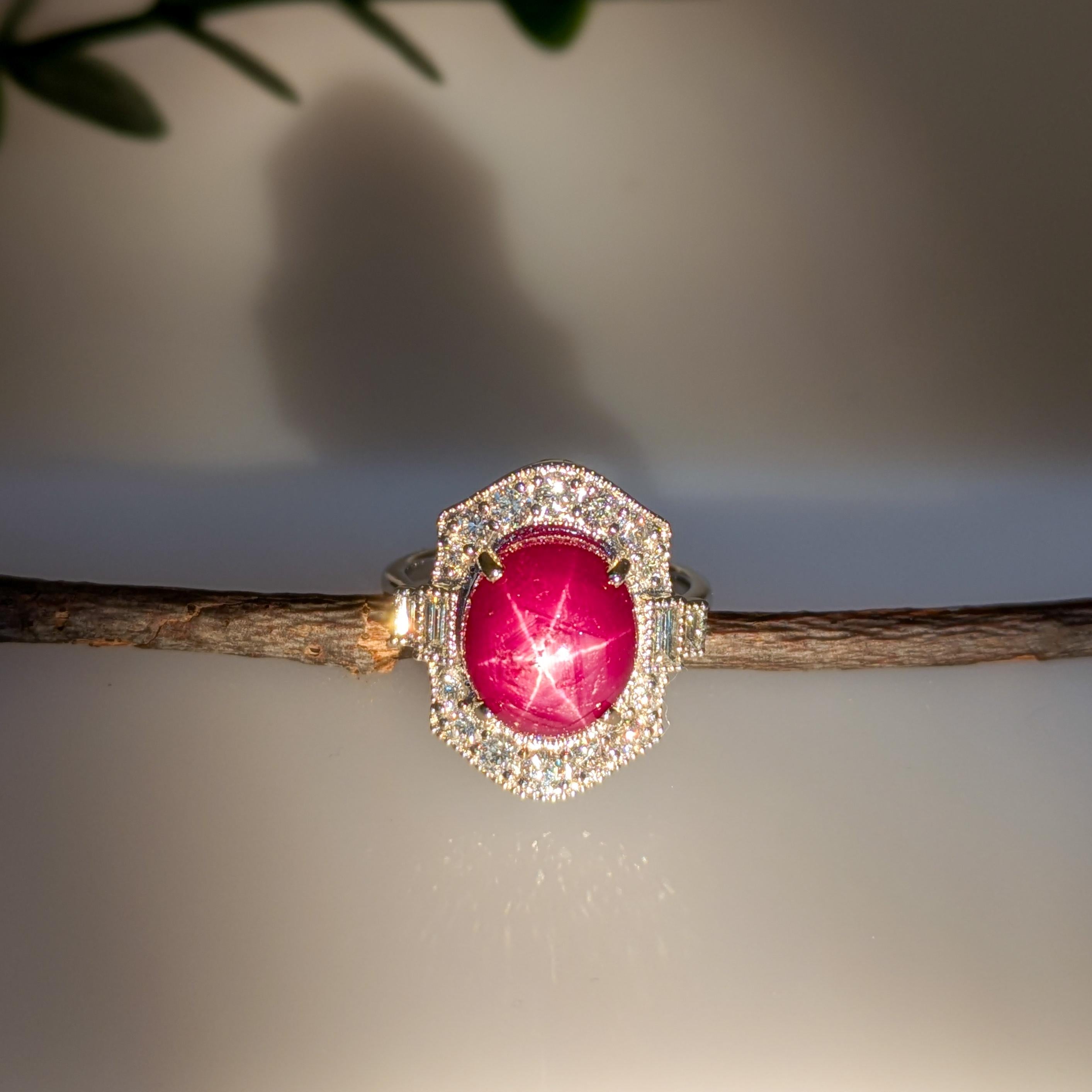 Art Deco 8ct Star Ruby Ring w Diamond Accents and Milgrain details in 14K Gold  OV 12x10 For Sale