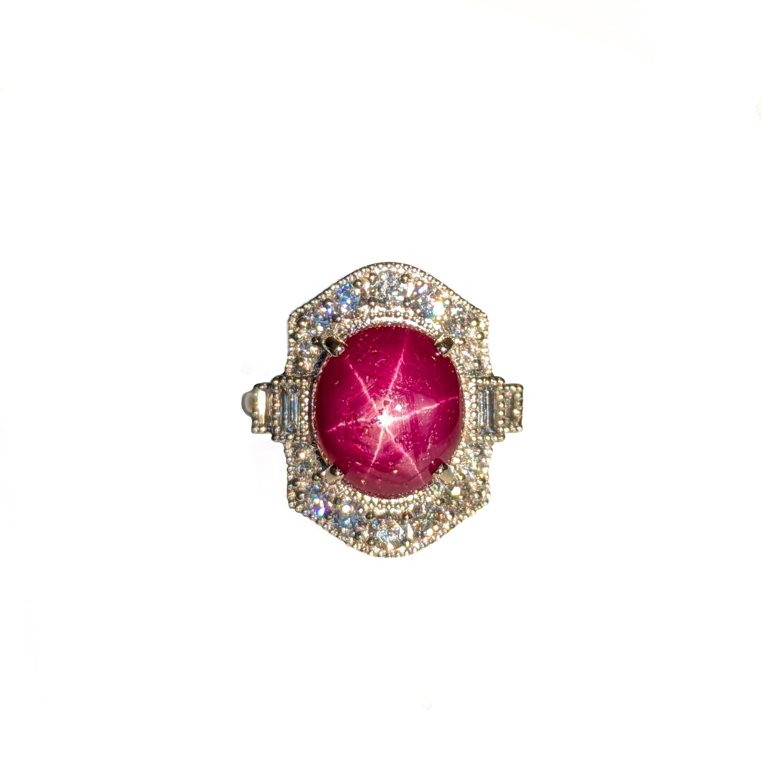 8ct Star Ruby Ring w Diamond Accents and Milgrain details in 14K Gold  OV 12x10 For Sale