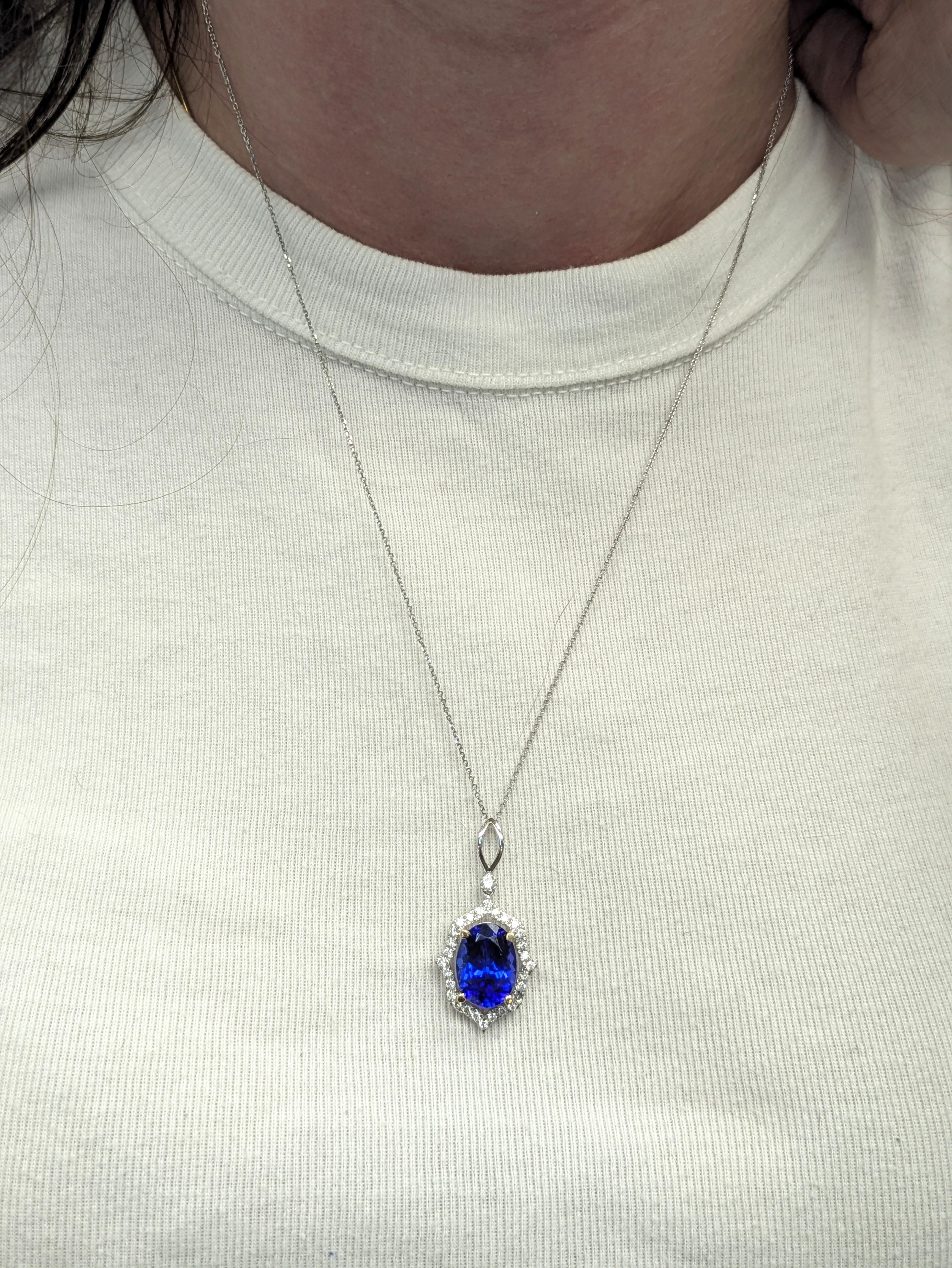 A true showstopper, this large 7.96-carat oval Tanzanite pendant radiates elegance. Framed by a halo of natural diamonds and crafted in solid 14K gold, it’s a luxurious design made for those who love to stand out.

Specifications:

Item Type: