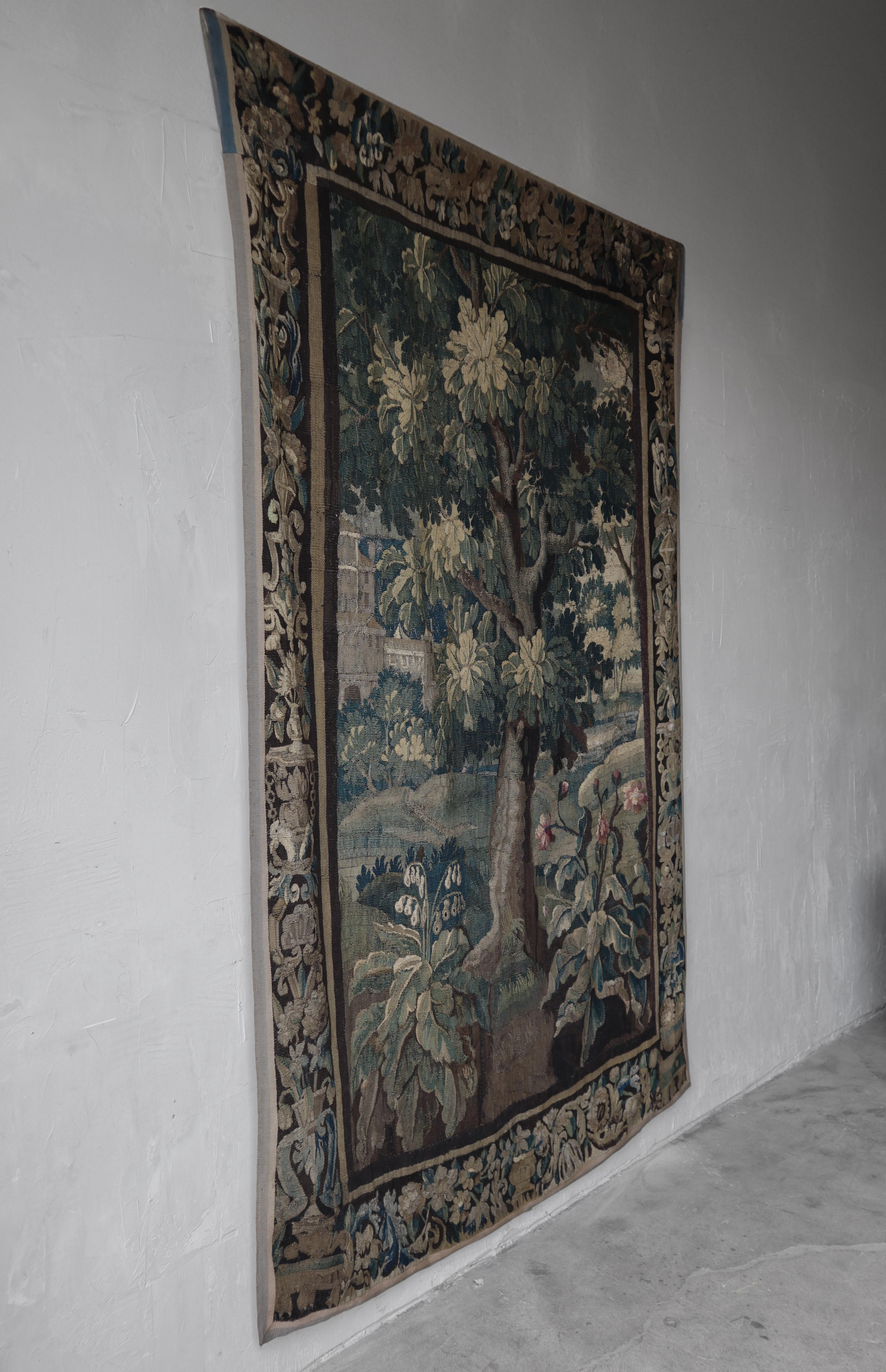 18th Century and Earlier 8ft 18th Century Hand Woven Aubusson Verdure Tapestry For Sale
