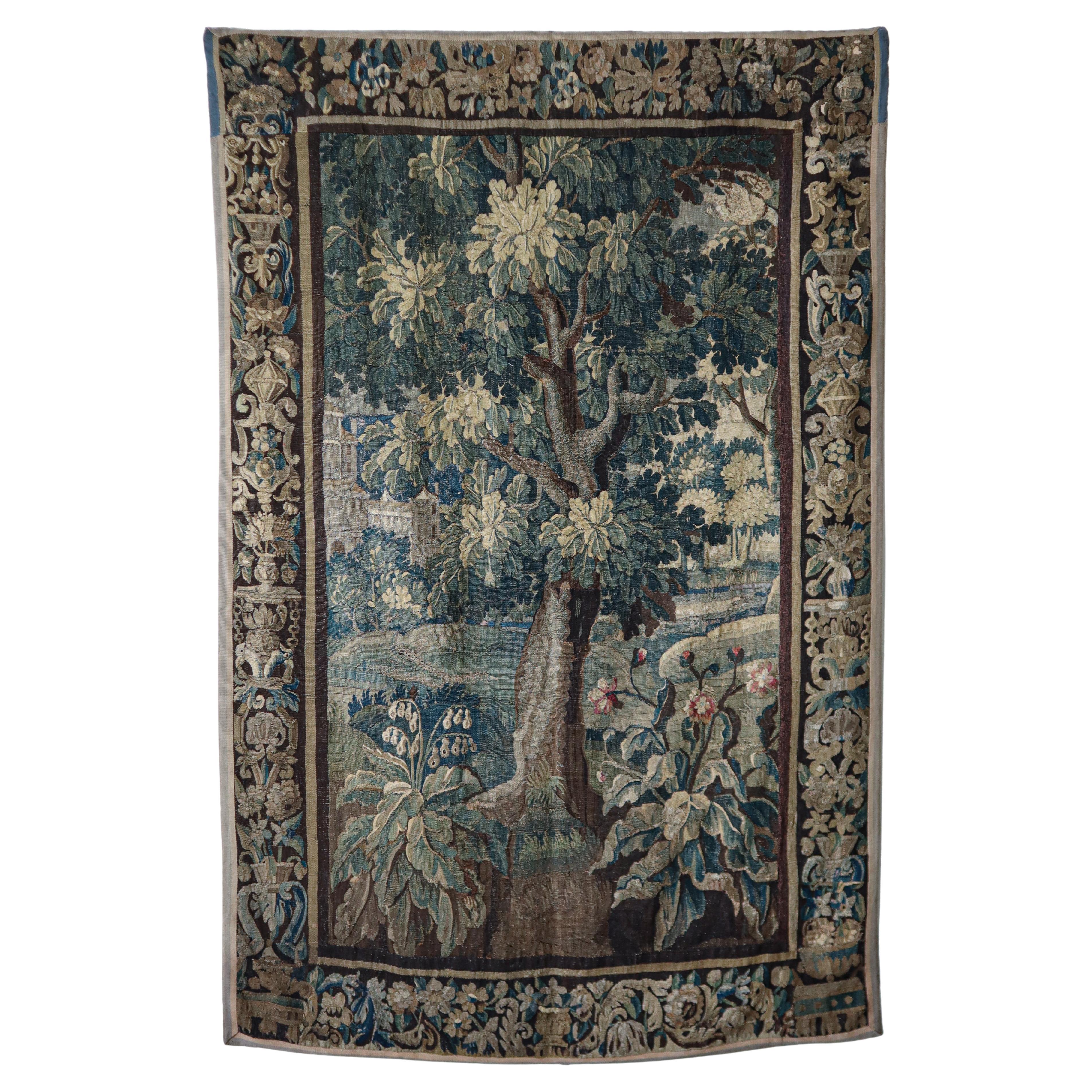 8ft 18th Century Hand Woven Aubusson Verdure Tapestry For Sale