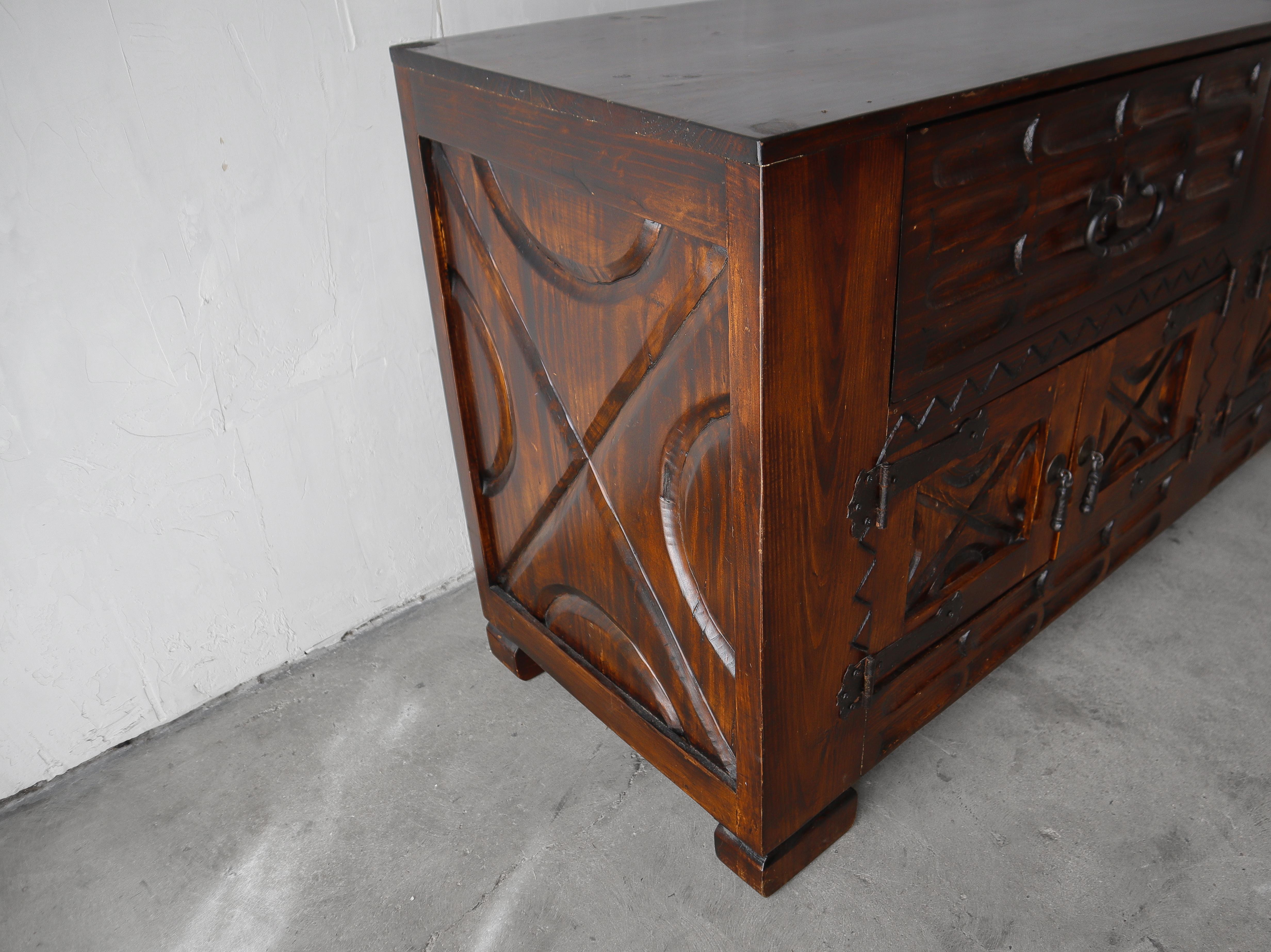 Wood 8ft Custom Rustic Spanish Style Credenza For Sale