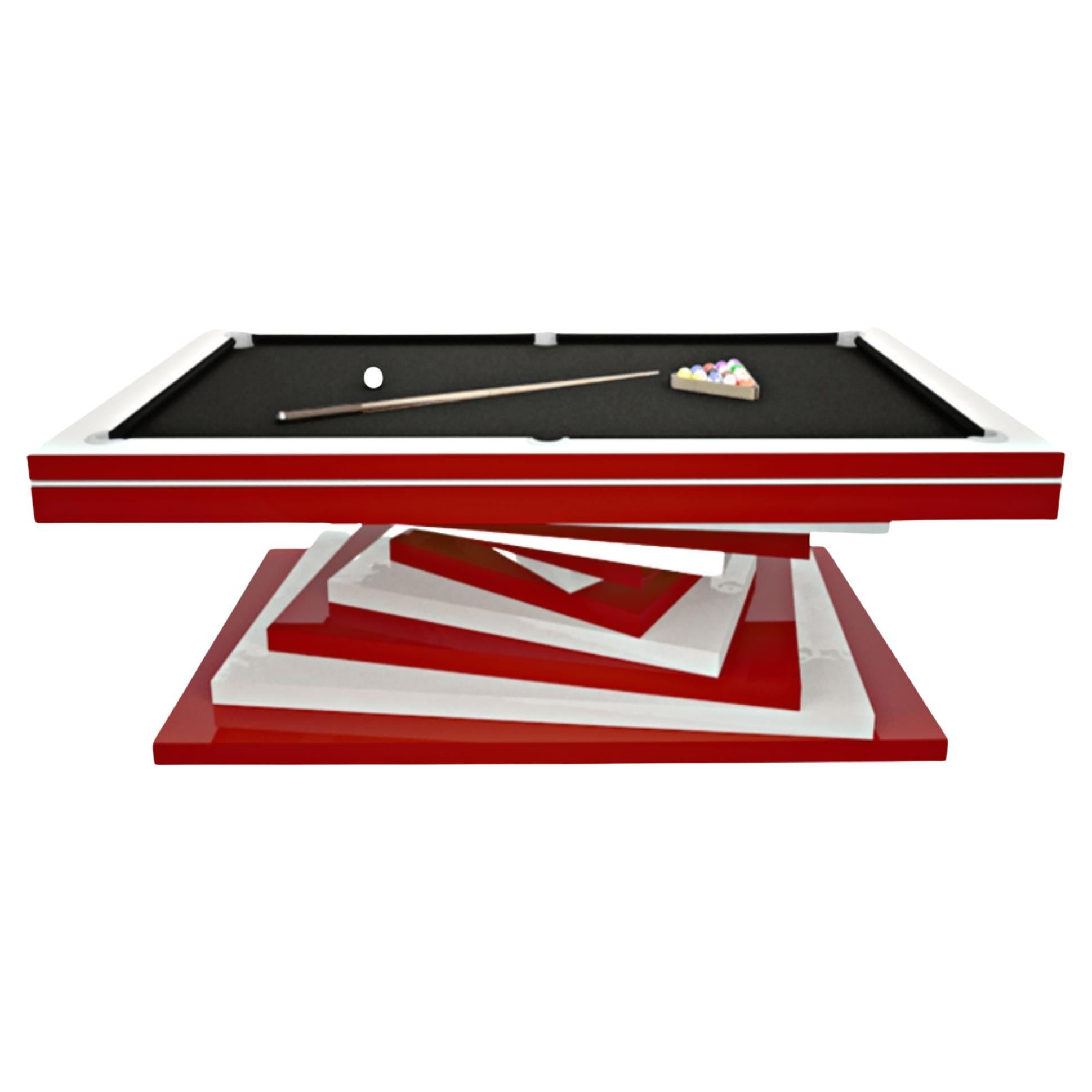 Chinese Pool Table Slate Modern Red and White Geometric Design Solid Oak, Green Felt For Sale