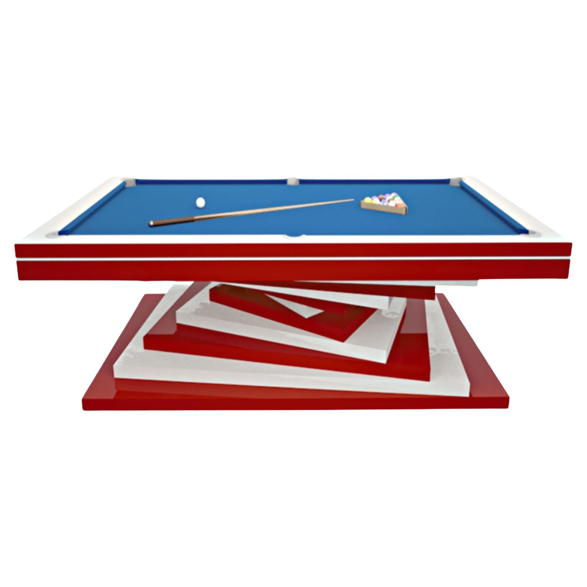 Brushed Pool Table Slate Modern Red and White Geometric Design Solid Oak, Green Felt For Sale