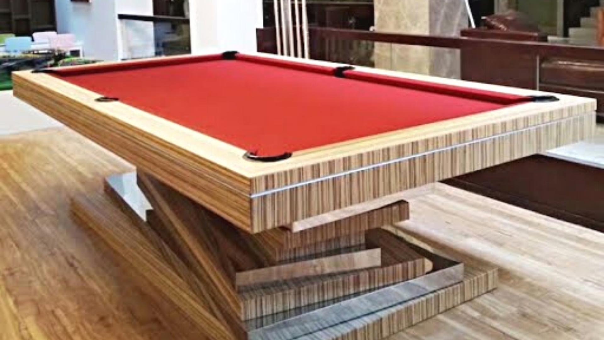 Contemporary Pool Table Slate Modern Red and White Geometric Design Solid Oak, Green Felt For Sale