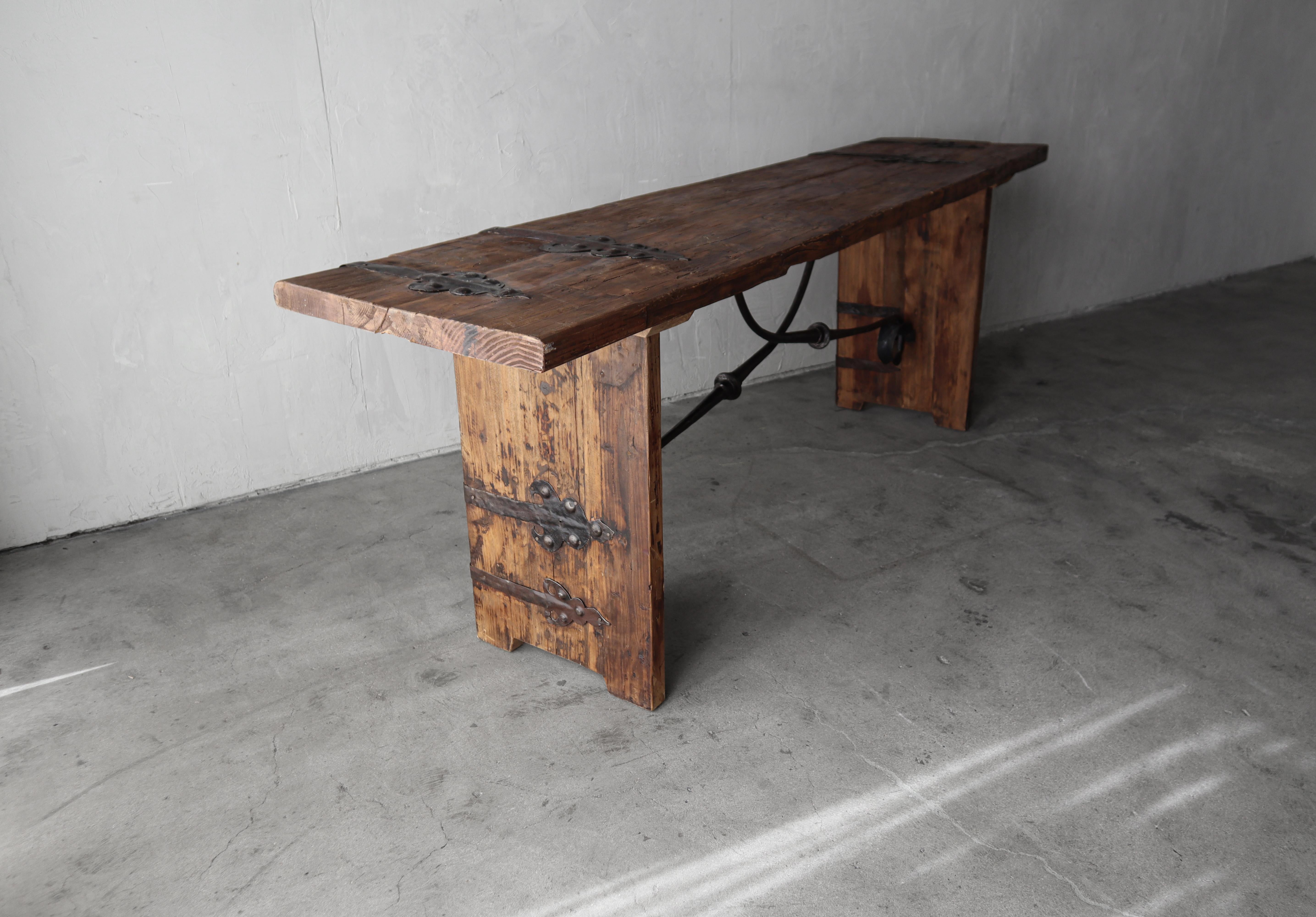 20th Century 8ft Rustic Reclaimed Wood and Iron Console Table For Sale