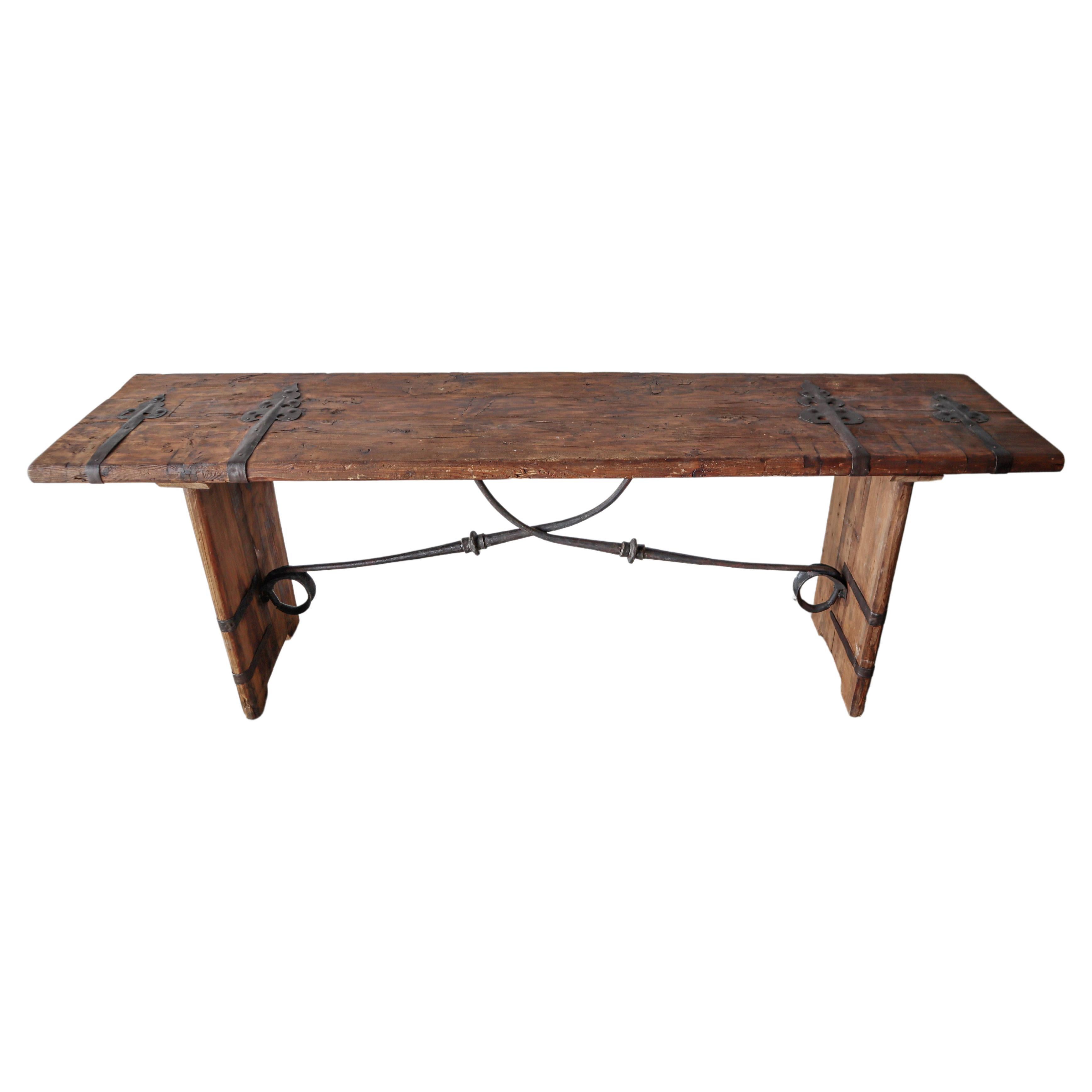 8ft Rustic Reclaimed Wood and Iron Console Table For Sale
