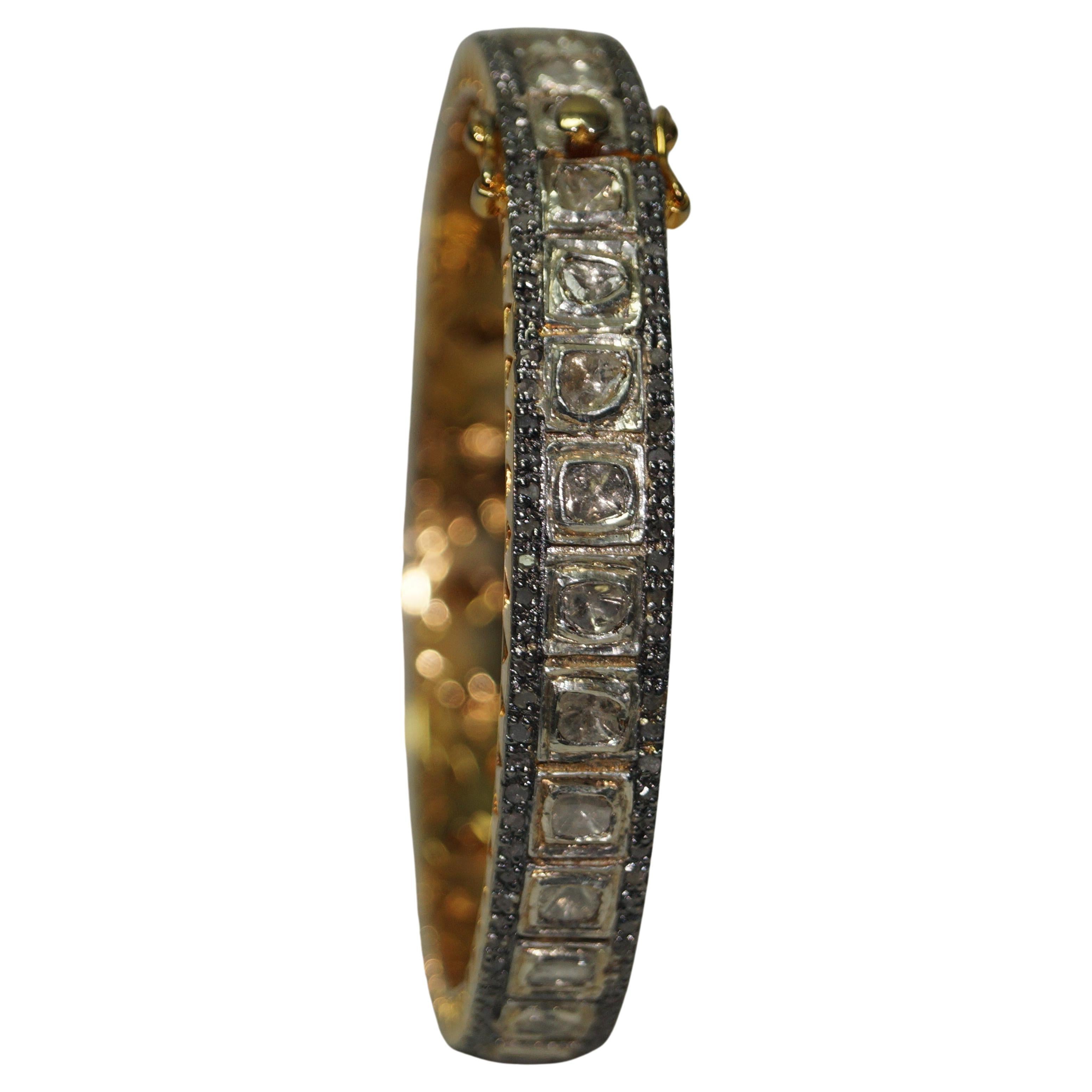 8"inches Victorian Natural diamonds 18k gold silver double tone hinged bracelet For Sale