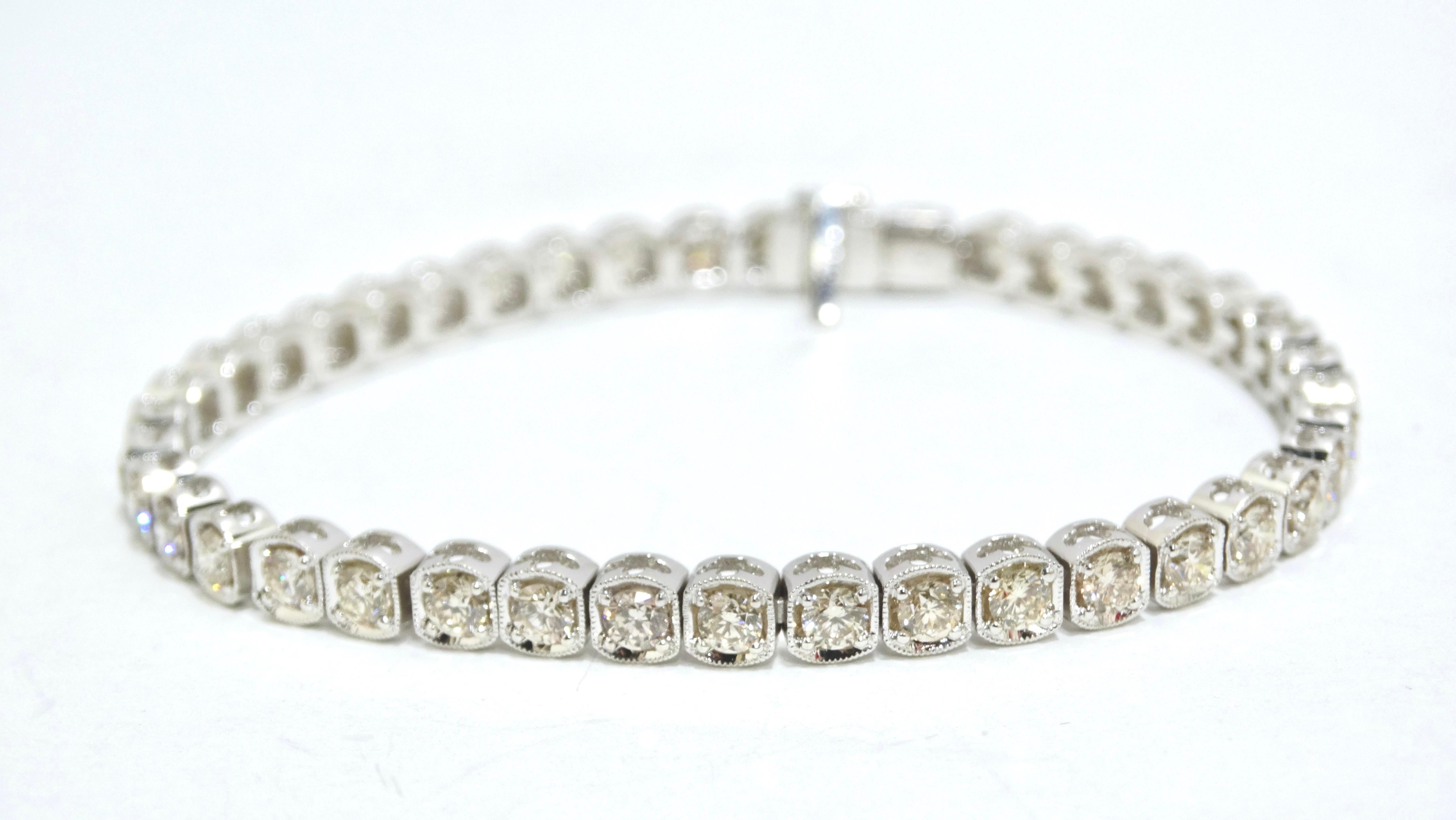 Nothing makes you feel more effortless and luxurious than a tennis bracelet. Made up of 41 diamonds totaling - eight carats of diamonds that line the length of the bracelet. The simplicity and elegance of this bracelet will take you from
