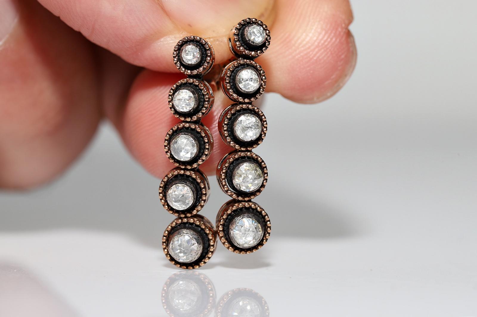 Taille rose Boucle d'oreille pendante en or 8k ornée de diamants naturels taillés en rose en vente