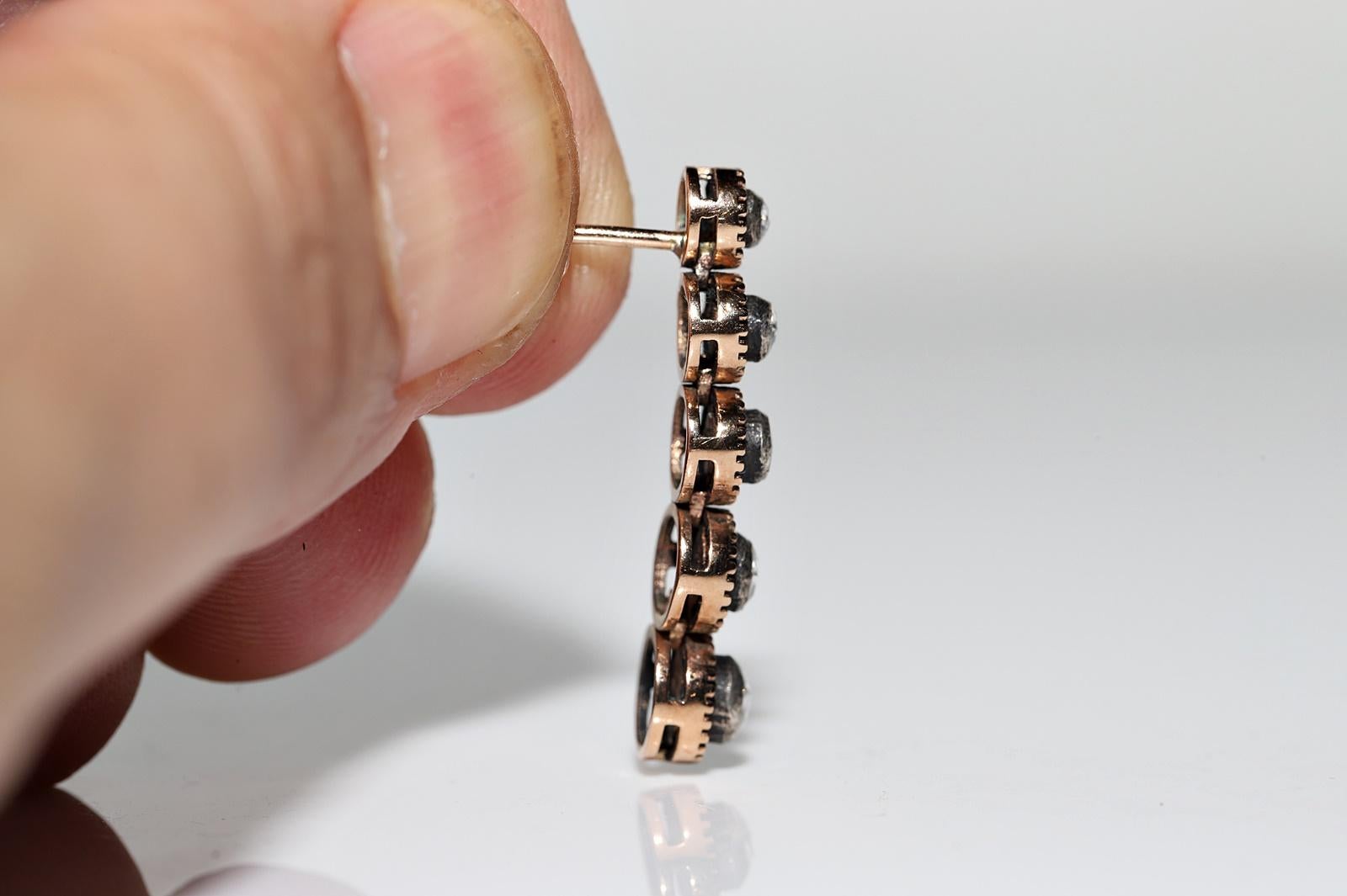 Boucle d'oreille pendante en or 8k ornée de diamants naturels taillés en rose Pour femmes en vente