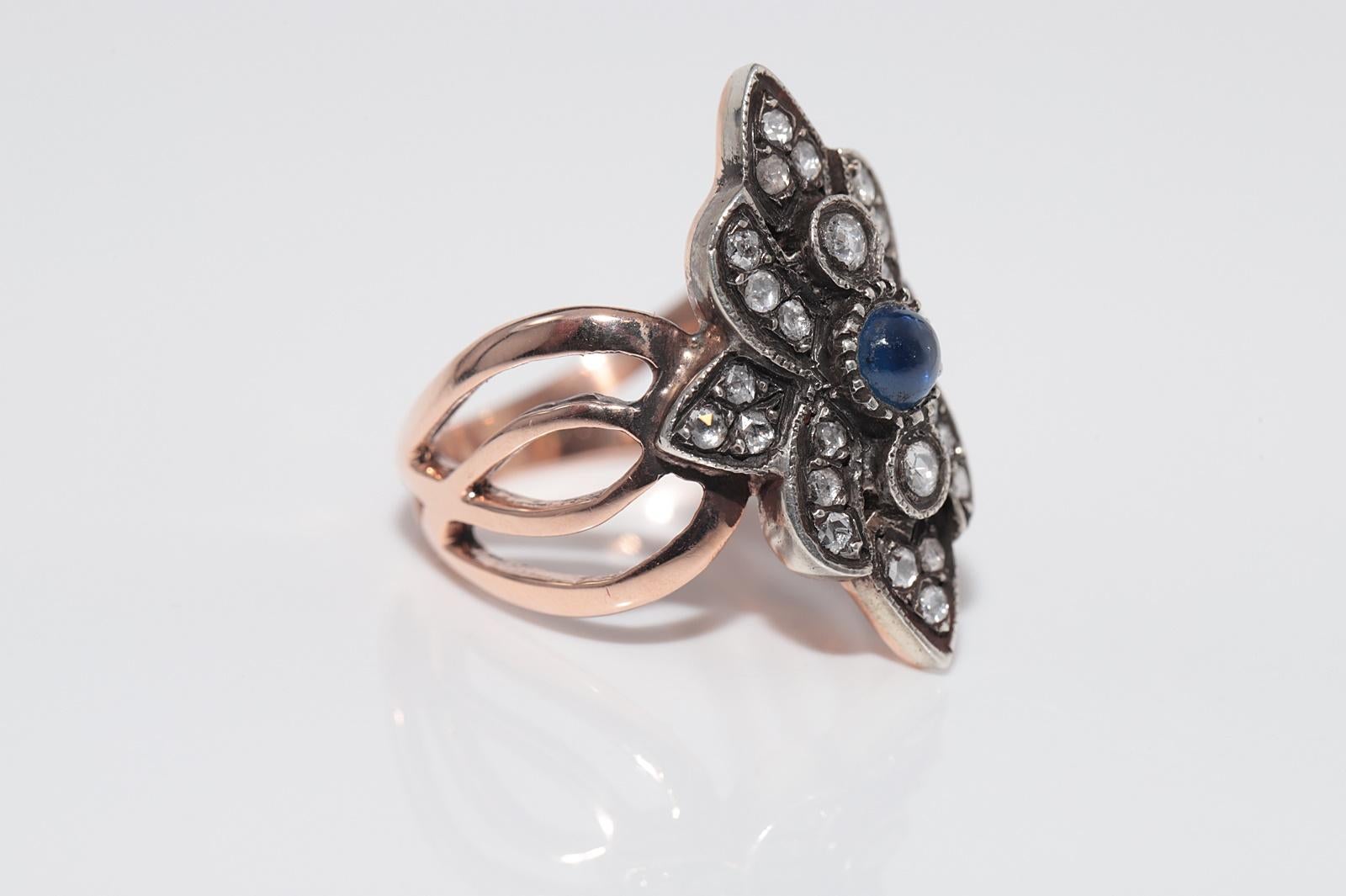 Oro 8k Plata Superior Diamante Natural Talla Rosa Y Zafiro Cabujón  Anillo Navette en venta 4