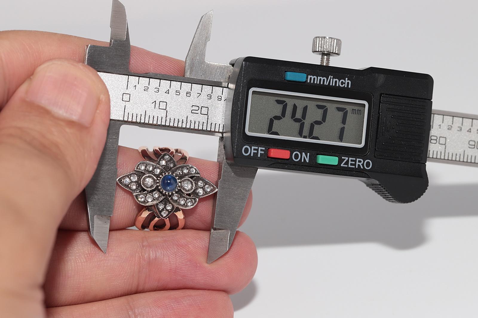 8k Gold Top Silber Natürliche Rose Cut Diamant und Cabochon Saphir  Navette Ring im Angebot 5