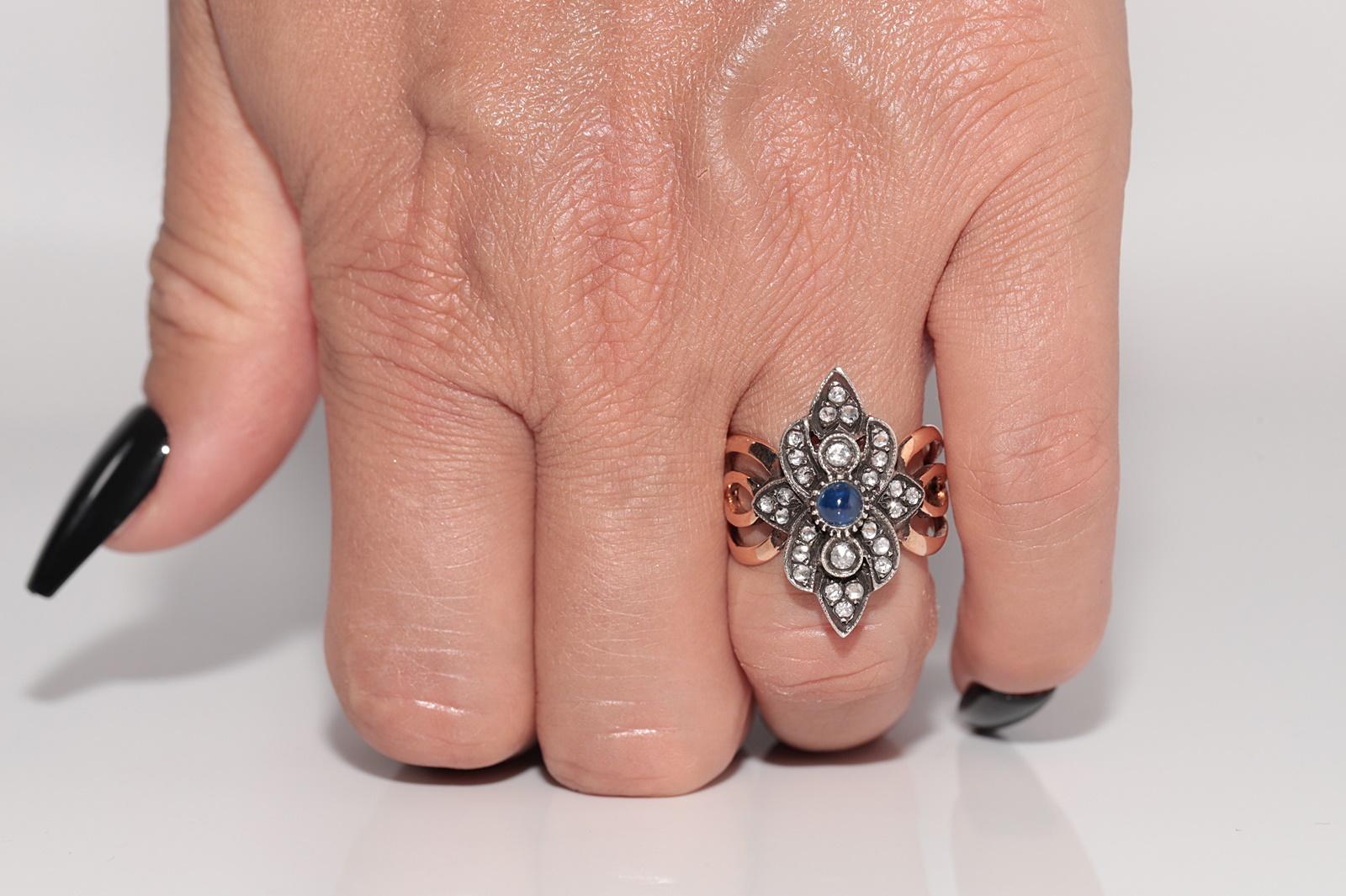 8k Gold Top Silber Natürliche Rose Cut Diamant und Cabochon Saphir  Navette Ring im Angebot 9