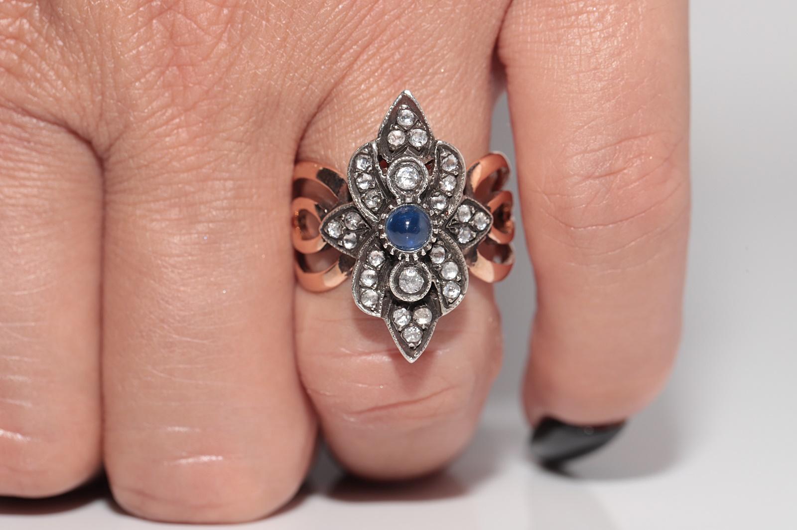 8k Gold Top Silber Natürliche Rose Cut Diamant und Cabochon Saphir  Navette Ring im Angebot 10