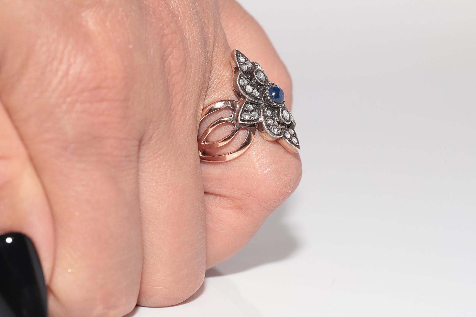 8k Gold Top Silber Natürliche Rose Cut Diamant und Cabochon Saphir  Navette Ring im Angebot 11