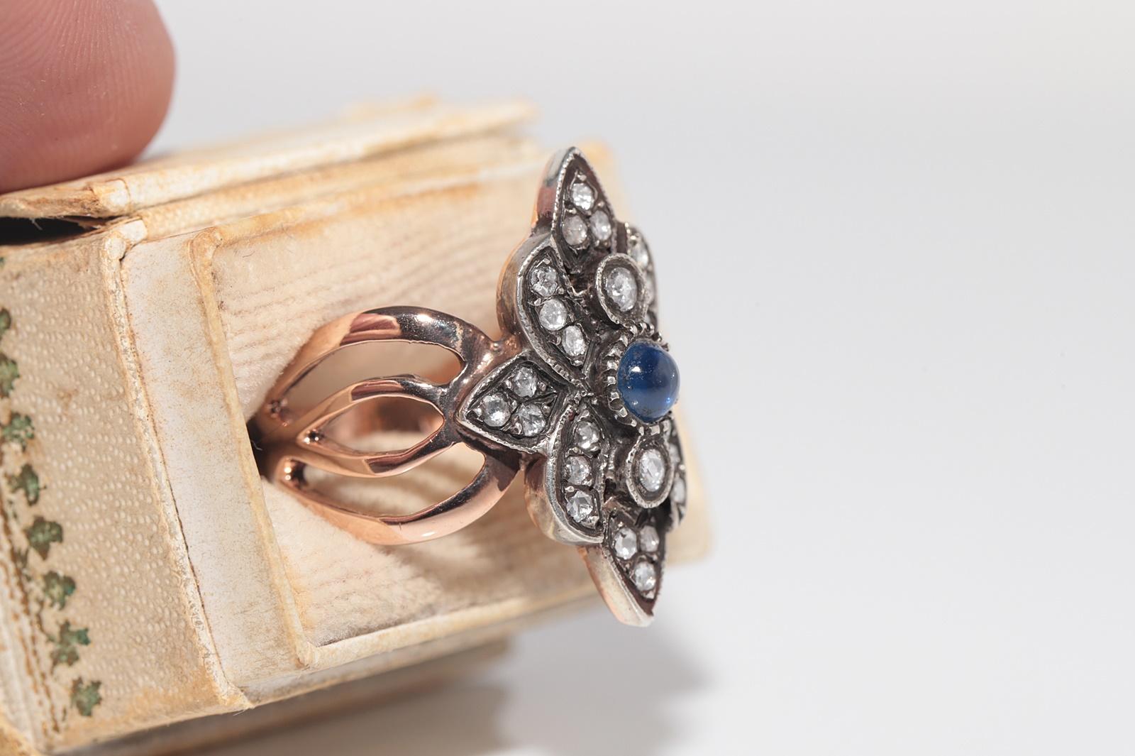 8k Gold Top Silber Natürliche Rose Cut Diamant und Cabochon Saphir  Navette Ring (Kunsthandwerker*in) im Angebot