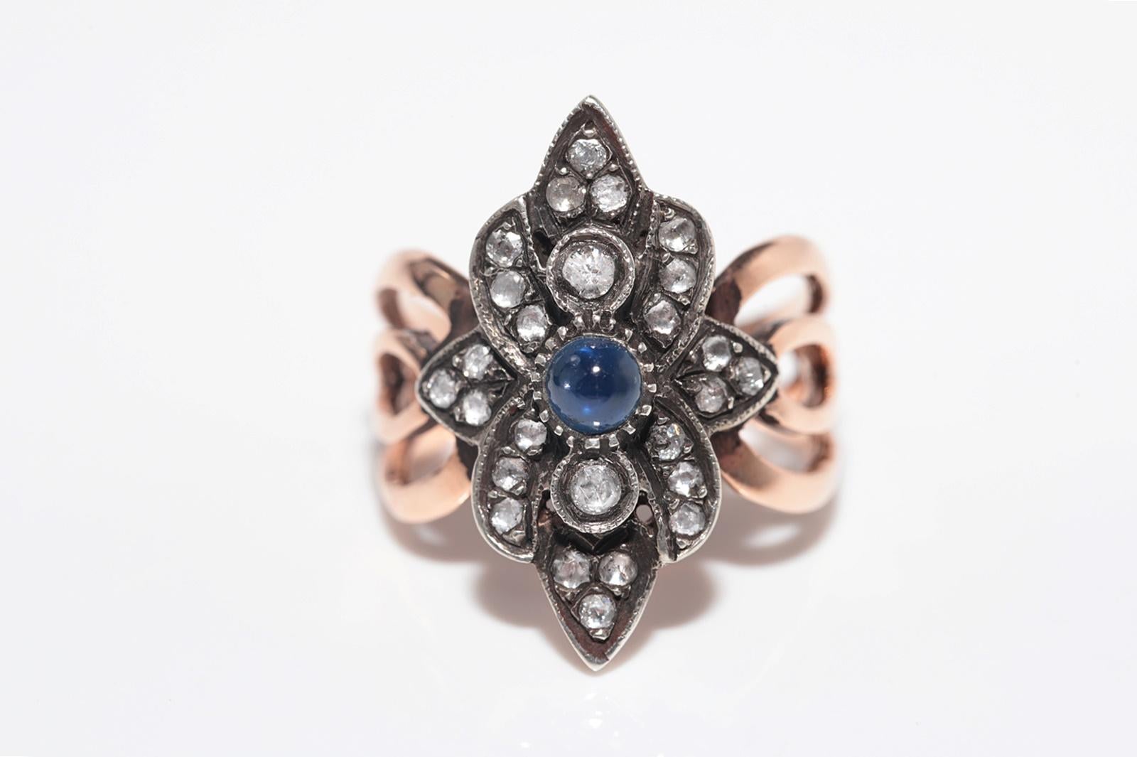 8k Gold Top Silber Natürliche Rose Cut Diamant und Cabochon Saphir  Navette Ring (Rosenschliff) im Angebot