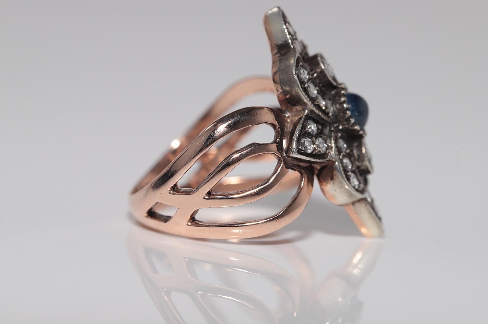 8k Gold Top Silber Natürliche Rose Cut Diamant und Cabochon Saphir  Navette Ring Damen im Angebot