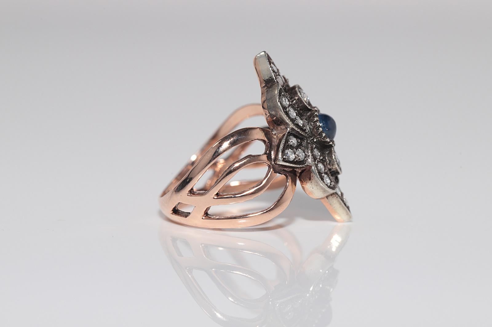 Oro 8k Plata Superior Diamante Natural Talla Rosa Y Zafiro Cabujón  Anillo Navette en venta 1
