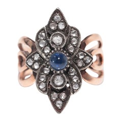 8k Gold Top Silver Natural Rose Cut Diamond And Cabochon Sapphire  Navette Ring