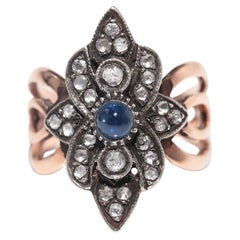 8k Gold Top Silber Natürliche Rose Cut Diamant und Cabochon Saphir  Navette Ring