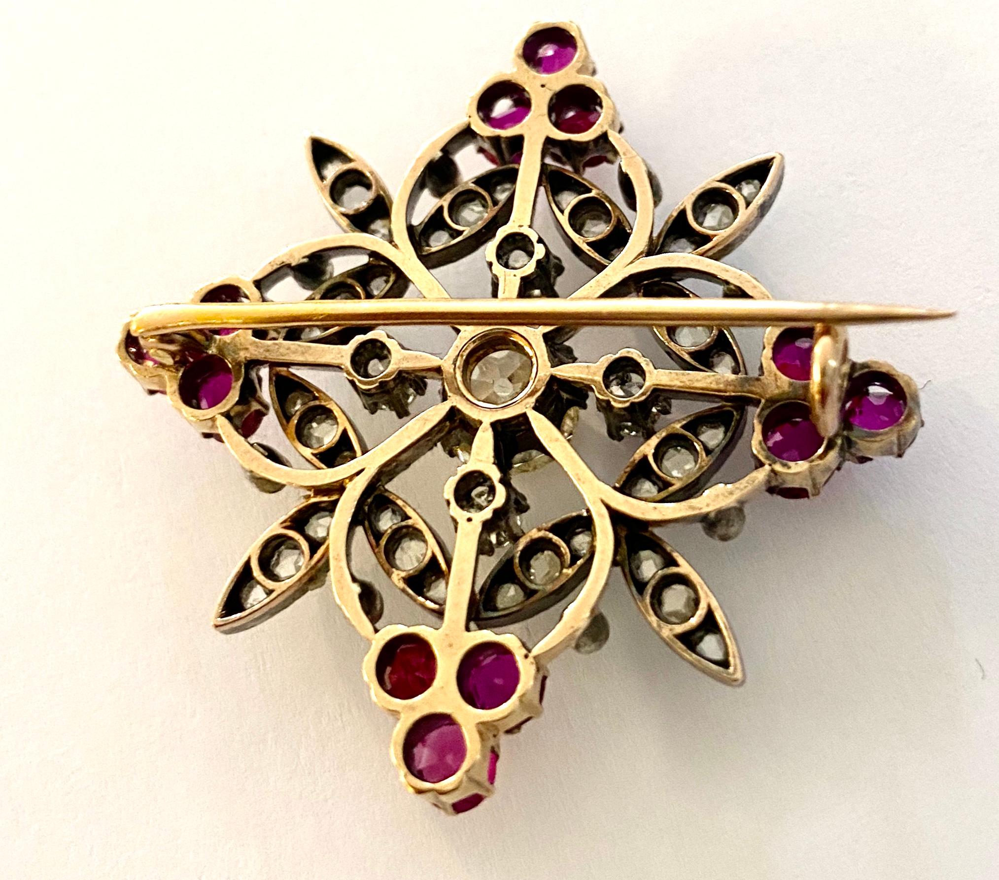 Old European Cut 18 Karat & Silver Brooch Set with 1 Diamond 1.76 Ct+12 Ruby 3.76 Ct + 48 Diamond For Sale