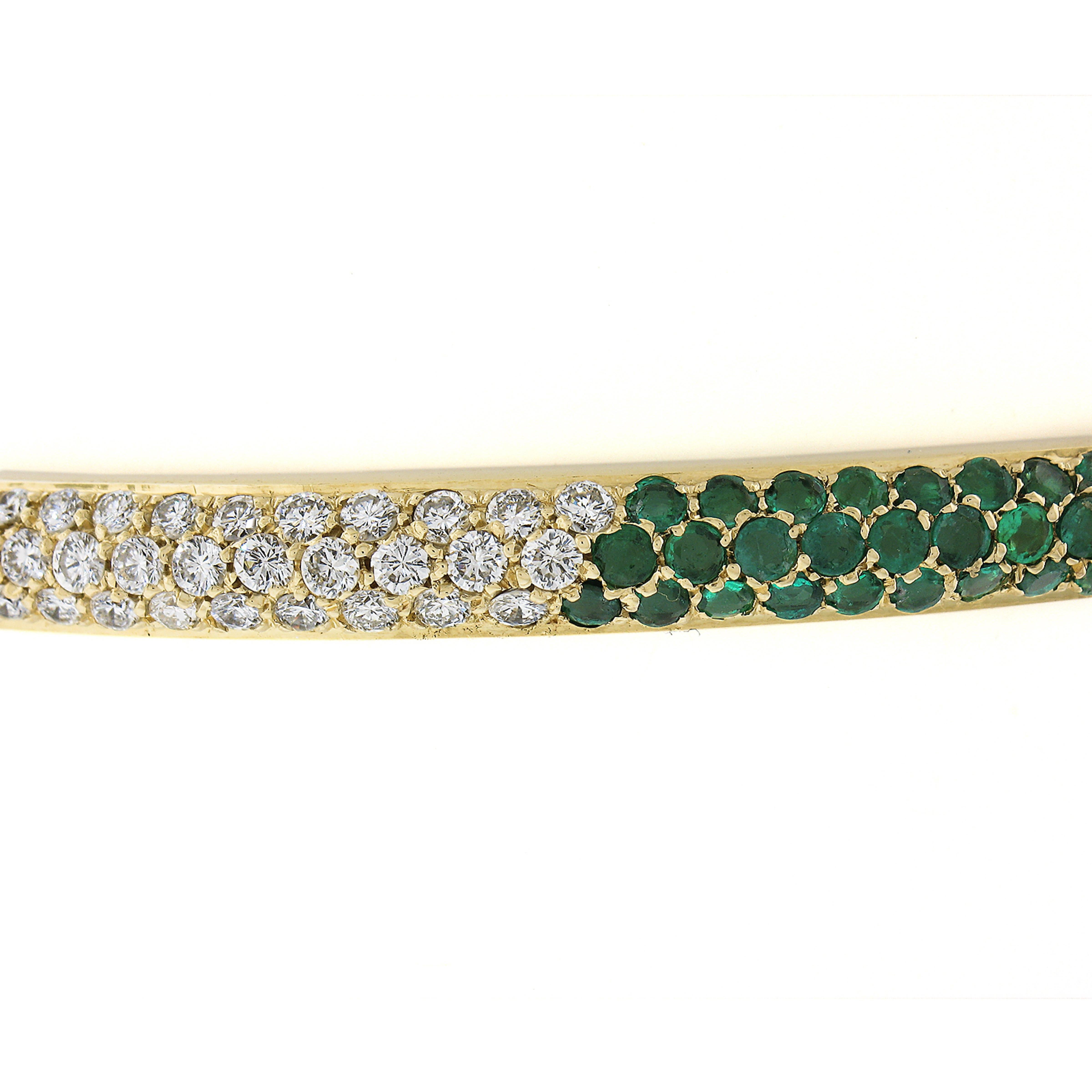 Round Cut 8k Yellow Gold 2.40ctw Pave Emerald & Diamond Hinged Open Bangle Bracelet