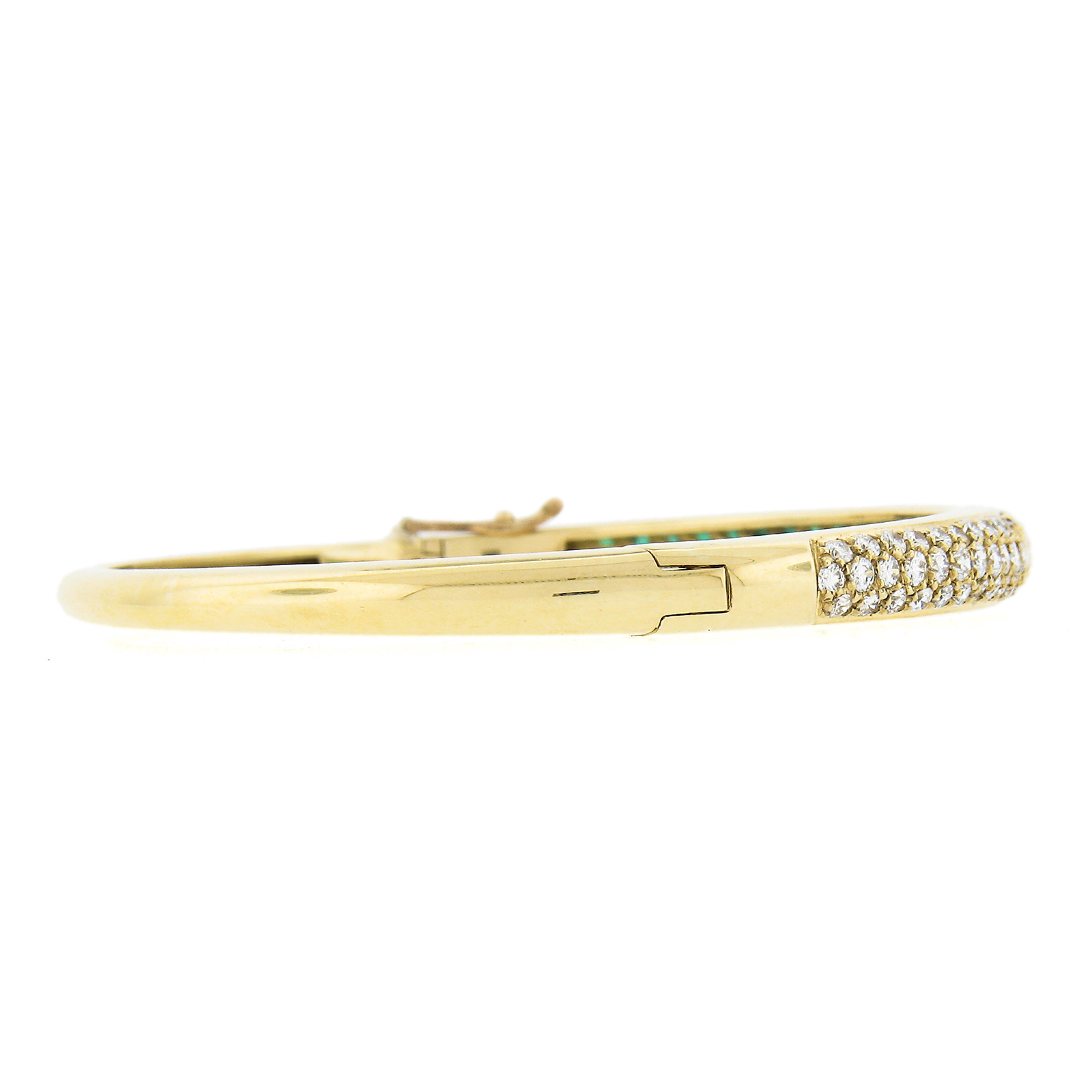 8k Yellow Gold 2.40ctw Pave Emerald & Diamond Hinged Open Bangle Bracelet 1