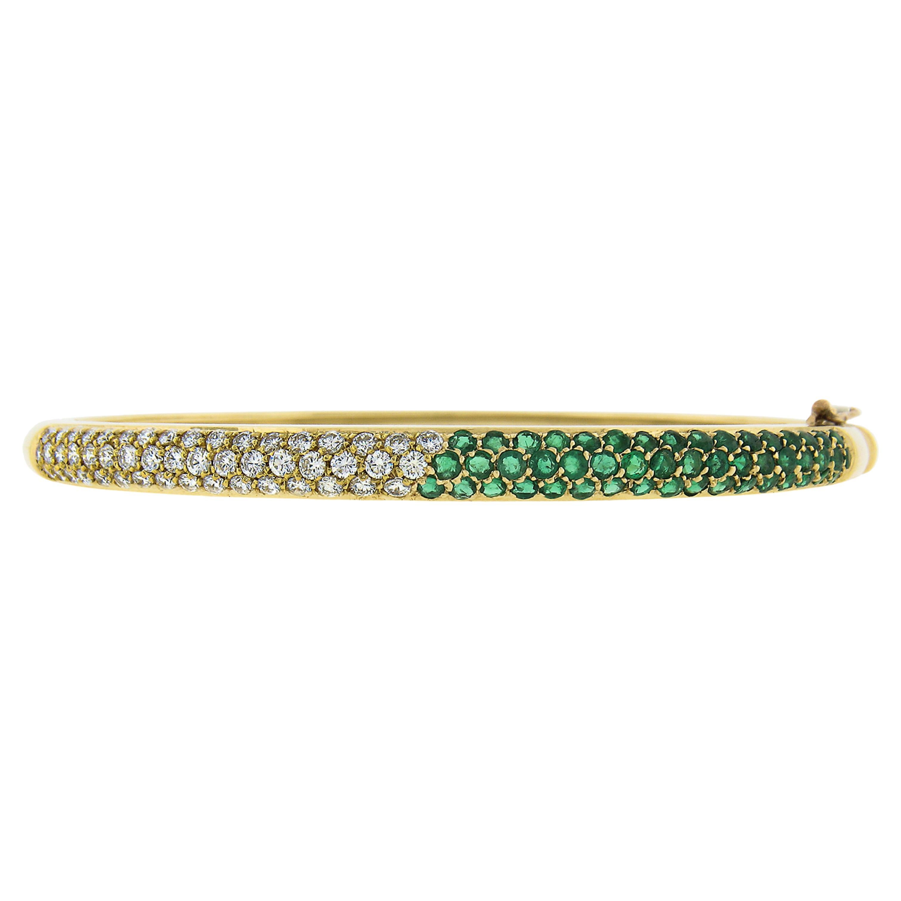 8k Yellow Gold 2.40ctw Pave Emerald & Diamond Hinged Open Bangle Bracelet